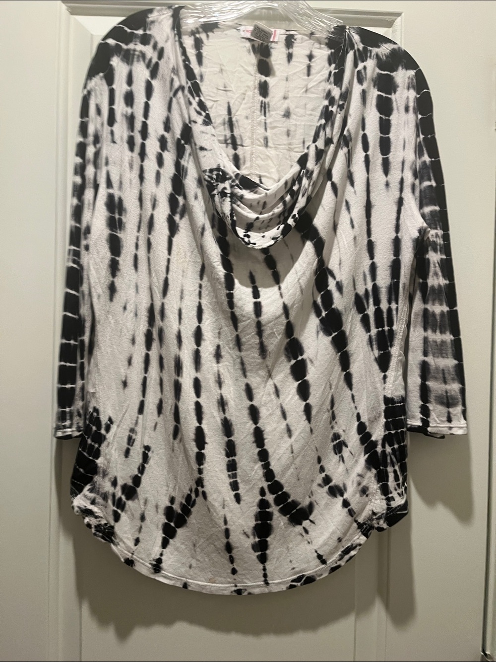 XCVI Wearables Cowl Neck Top White Black Tie Dye Size M Lagenlook Artsy Comfy